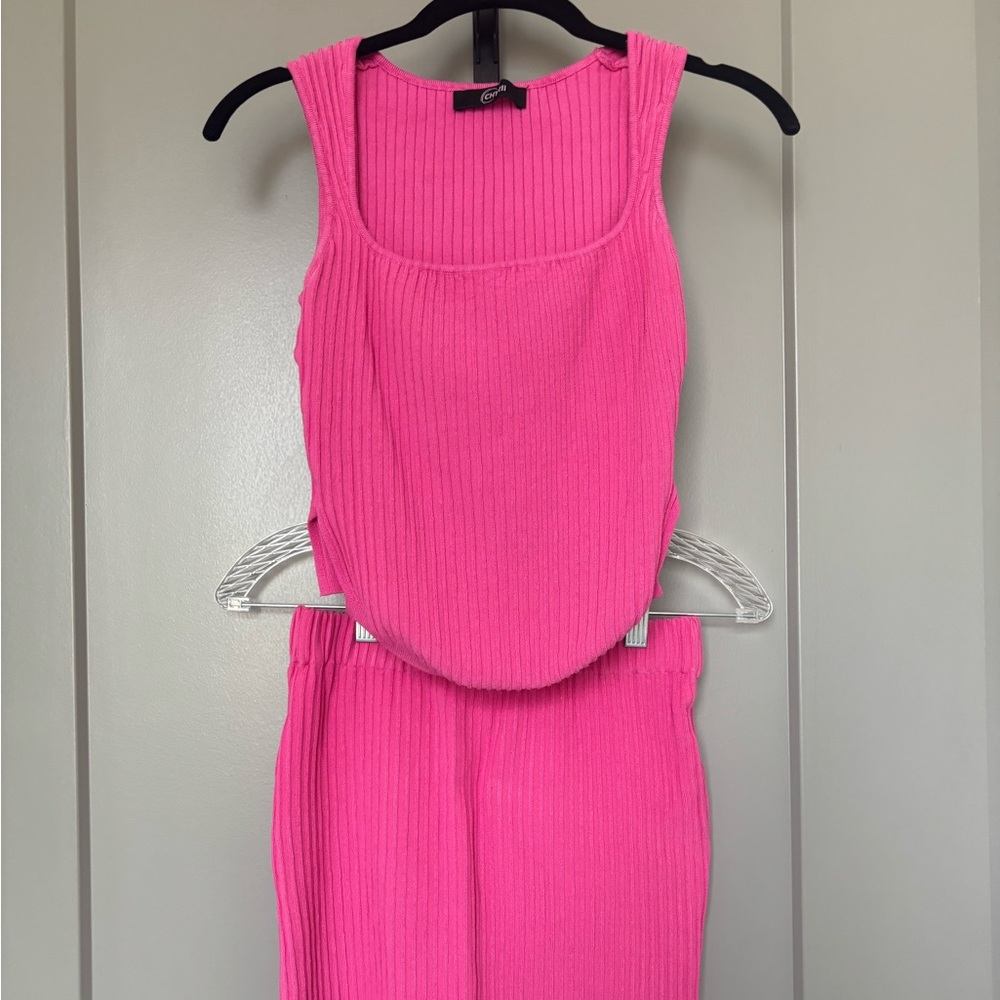 Vibrant Pink Ribbed Tank and Skirt Set
